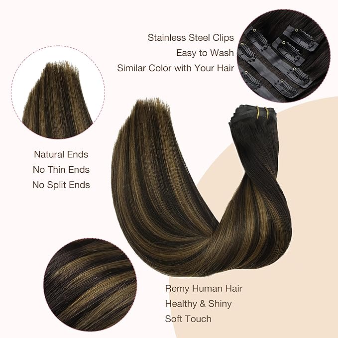 GOO GOO Clip in Hair Extensions Real Human Hair, Remy Human Hair Extensions Clip ins for Women, Natural Human Hair, 16inch 110g 7Pcs, 2/6/2 Balayage Dark Brown to Chestnut Brown