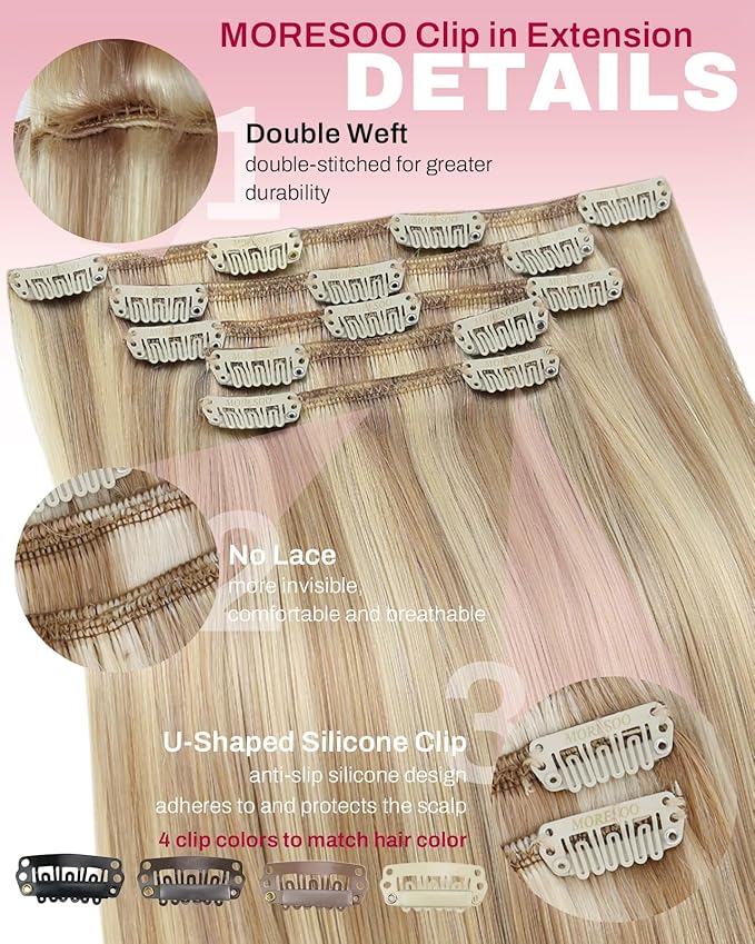 Moresoo Clip in Hair Extensions Human Hair Blonde with Brown Human Hair Extensions Clip ins Golden Brown with Medium Blonde to Add Highlights for Women Short 80g/5pcs Double Weft 14in