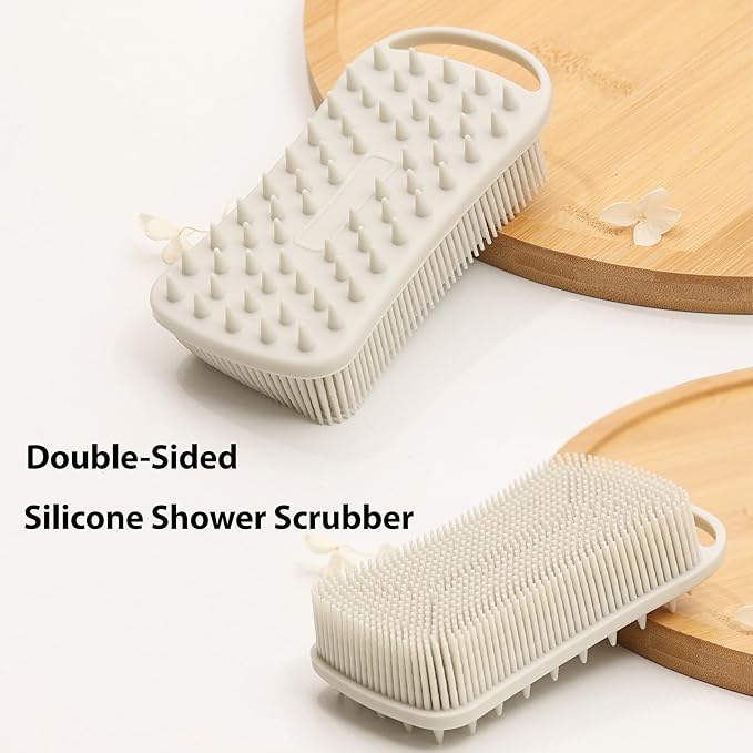 2 PC Silicone Body Scrubber, 2 in 1 Exfoliating Shower Bath Scrubber, Soft Silicone Loofah for Sensitive Skin, Shower Hair Scalp Massager, Easy to Clean, Lather Well (Grey&Blue)