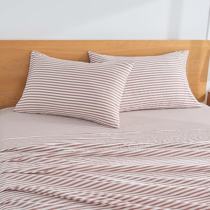 JELLYMONI 100% Natural Cotton Striped King Pillowcases Set, 2 Pack White and Pink Stripes Pattern Printed Pillow Covers with Envelope Closure(Pillows are not Included)