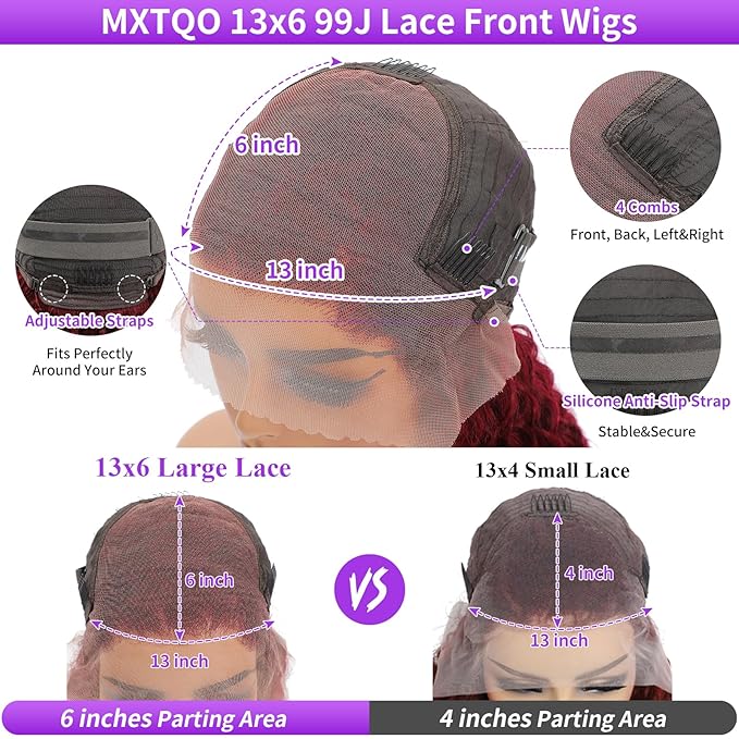 30 Inch 99J Burgundy Lace Front Wigs Human Hair Deep Wave 13x6 HD Lace Front Wigs Pre Plucked with Baby Hair Wet and Wavy Human Hair Wig 200% Density Deep Curly Frontal Wigs for Black Women