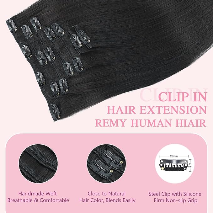 PINKPEARL Clip in Human Hair Extensions #1B Natural Black Clip in Hair Extensions Real Human Hair 14 inch Remy Hair 120g 7pcs Straight Natural Human Hair Clip ins(#1B-14)