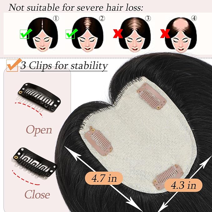Human Hair Toppers for Women with Thinning Hair Real Human Topper Crown No Bangs 10 Inch #1B Natural Black