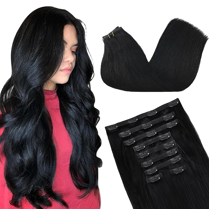 GOO GOO Clip in Hair Extensions Real Human Hair, Remy Human Hair Extensions Clip ins for Women, Natural Human Hair, 14inch 130g 9Pcs, 1 Jet black