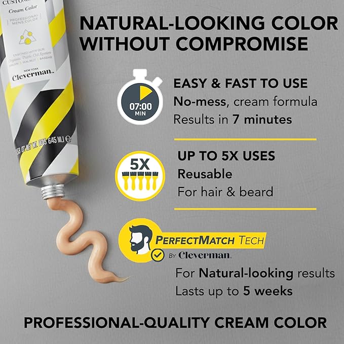 Reusable Hair & Beard Dye System for Men – Up to 5 Uses | 7-Minute Natural-Looking Gray Coverage | No-Drip Cream with SkinArmour® – Cleverman (Jet Black for Black Men)