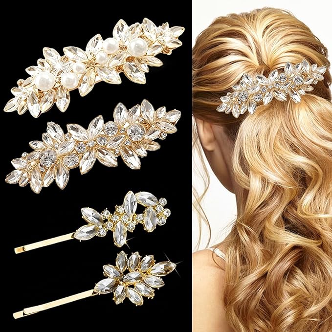 4 Pieces Rhinestone Bridal Hair Clip,Crystal Hair Clips, Rhinestone Jewelry Barrette vintage hair accessories pearl hair clips hair accessories for women wedding Golden leaves Golden/Silver pearls