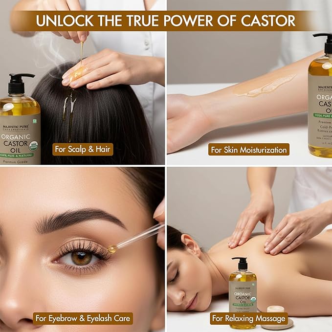 Majestic Pure Organic Castor Oil 16 Fl Oz - 100% Pure and Natural - Premium Grade Carrier Oil - Hair, Eyelashes and Eyebrows - Hair Oil and Body Oil - Expeller Pressed - Hexane Free
