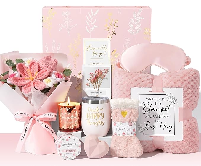 Birthday Gifts for Women Self Care Package Get Well Soon Gift Baskets, Thinking of You Sympathy Spa Gift Set w/ Crochet Flower Bouquet, Unique Christmas Gifts for Women Mom Her Best Friend Sister Wife