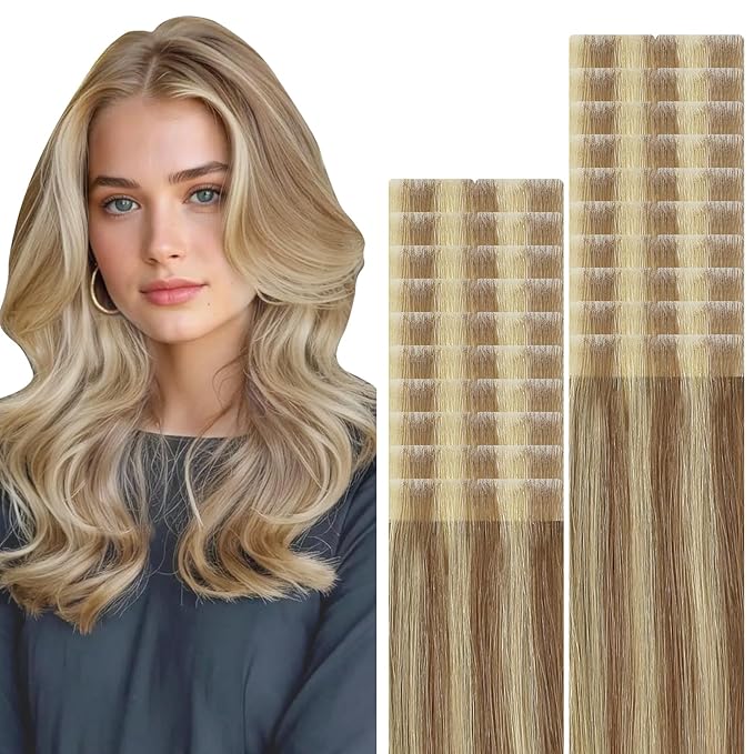 VINBAO Invisi Edge Tape in Hair Extensions Ash Blonde Highlights Blonde Balayage Injection Tape in Human Hair Extensions Natural Cheveux Humain 45g 20pcs 16inch #10/16/16