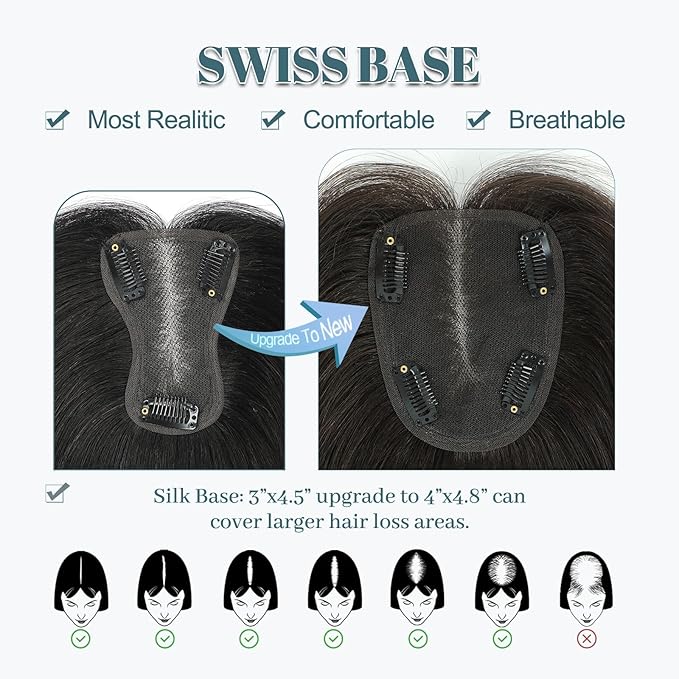 Human Hair Toppers for Women Real HairTopper with Thinning Hair 120% Density Round Shaped Swiss Base Hair Pieces 40g-Medium Brown（12inch,4#）