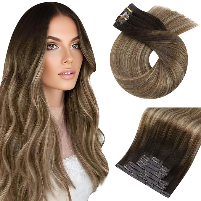 Moresoo Seamless Hair Extensions Clip in Dark Brown to Blonde Ombre Clip in Human Hair Extensions for Short Dark Brown to Medium Blonde with Golden Blonde 120g/7pcs 14in