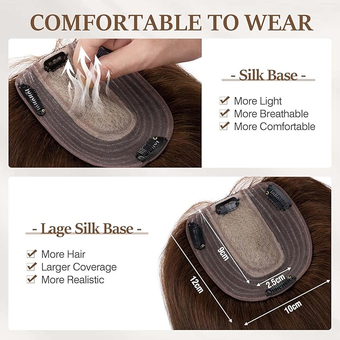 Rich Choices Hair Toppers for Women Real Human Hair 100% Human Remy Toppers NO Bangs for Women with Thinning on Top Clip in Hairpiece 4"x4.7"Lace Base 6 Inch #4 Medium Brown