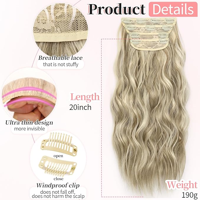 KooKaStyle Clip in Synthetic Highlight Hair Extensions Long Wavy 4PCS Thick Hairpieces Ashy Beige Blonde Balayage Fiber Double Weft Natural Hair Extensions 20 Inch for Women