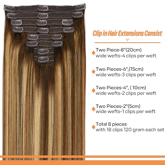 Straight Clip In Hair Extensions Real Human Hair 8Pcs Clip In Balayage Chocolate Brown to Caramel Blonde Human Hair Extensions with 18Clips Lace Weft 120g 22inch