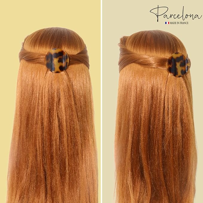 Parcelona French Onde Tortoise Shell Black and Savana Small 2” Celluloid Set of 3 Round Side Slide In Secure Grip Hair Claw for Women and Girls
