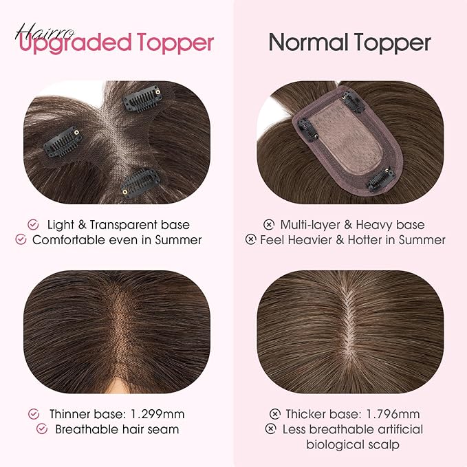 Hairro Human Hair Toppers with Side Bangs, 3D 360° Seamless Real Hair Toppers, Hand-Tied with 3.5"x4.7" T-shaped Base, Clip-In Hairpieces to Add Volume on Top, 11 Inch Dark Brown