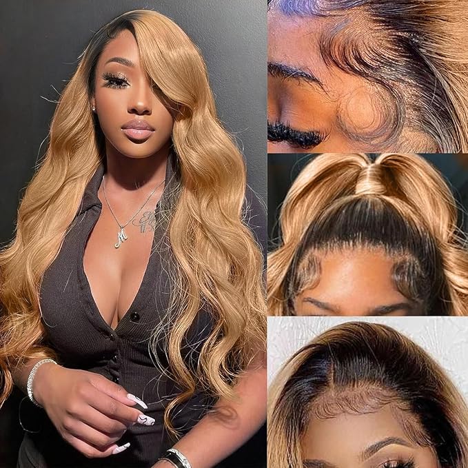 Honey Blonde Lace Front Wigs Human Hair 13x6 Ombre HD Transparent Lace Frontal Wig 12A Body Wave Ombre Blonde 1B/27 Lace Front Wigs Highlight Glueless Human Hair Wigs for Women Pre Plucked 26inch