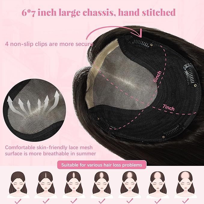 Hair Topper 16inch Toppers for Women Real Human Hair Natural Black Toppers for Women with Thinning 6x7inch Base Clip in Extensions Add Hair Volume Hairpieces 75g(#1BToppers-16inch)