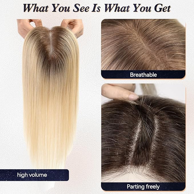 starluck Hair Toppers for Women Real Human Hair With Bangs, 100% Remy HumanHair Toppers for Women Hand-woven with Thinning,Cover Gray Roots,Adds Volume,Ombre Light Blonde