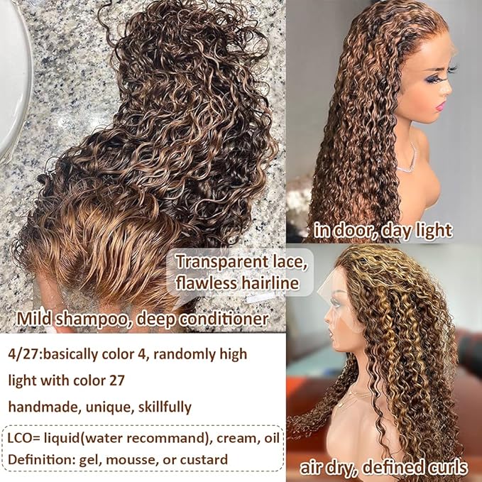 CYNOSURE 16 Inch Highlight Ombre Deep Curly Lace Front Wigs Human Hair Pre Plucked 180 Density Honey Blonde Jerry Curly Wig Human Hair 13x5 HD Transparent Lace Frontal Wigs Human Hair for Women