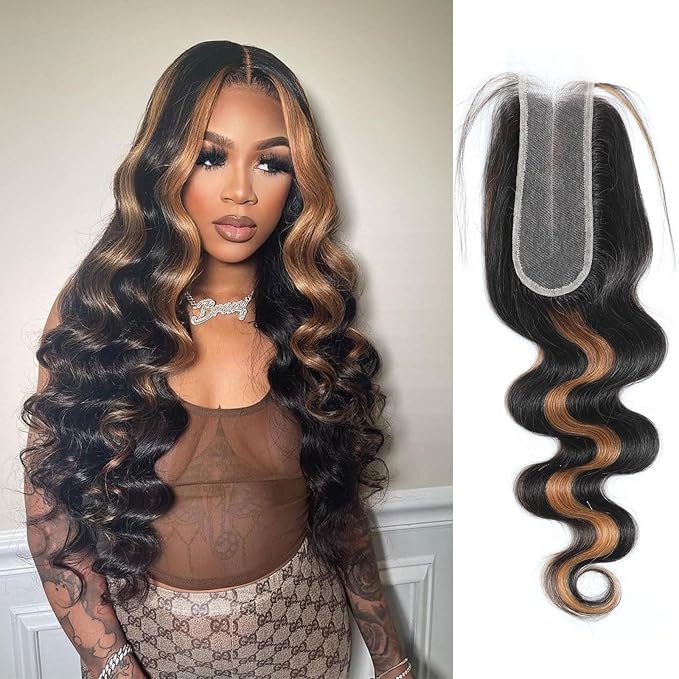 2x6 HD Lace Closure Human Hair Body Wave P1B/30 Highlight Brown Black Color Transparent Lace Closure 2x6 Long Deep Middle Part 100% Raw Virgin Human Hair 14 Inch 150% Density