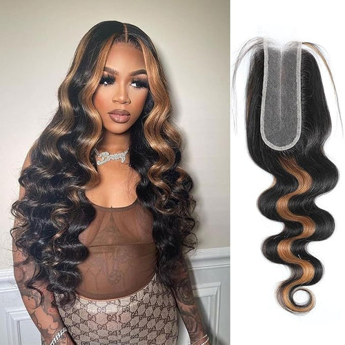 2x6 HD Lace Closure Human Hair Body Wave P1B/30 Highlight Brown Black Color Transparent Lace Closure 2x6 Long Deep Middle Part 100% Raw Virgin Human Hair 14 Inch 150% Density