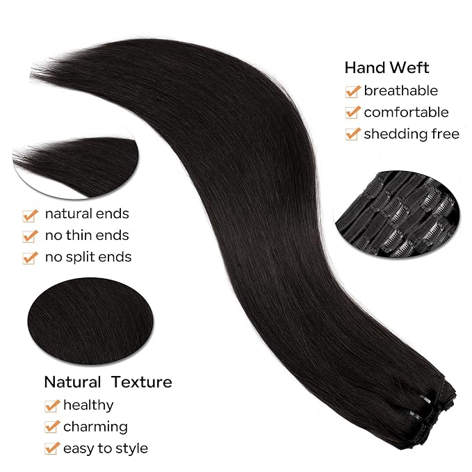 Straight Clip In Hair Extensions Real Human Hair 8Pcs Clip In Jet Black Human Hair Extensions with 18Clips Lace Weft 120g 24inch