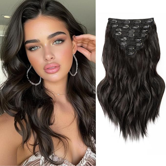 Clip in Hair Extensions, 16 Inch Natural Black Curly Hair Extensions Clip Ins, 8PCS Synthetic Hairpieces for Thinning Hair
