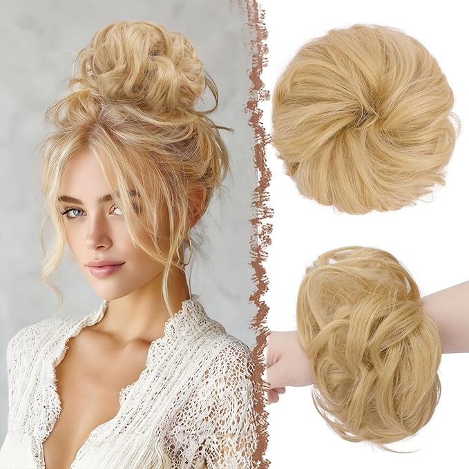 FESHFEN Messy Bun Hair Piece - Large Elastic Wavy Curly Hair Bun Scrunchies Ponytail Extensions Synthetic Chignon Hairpieces for Women, Champagne Blonde 1.94oz