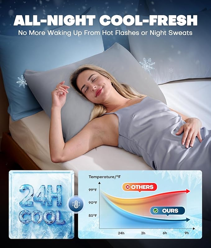 Ultra-Chill Cooling Pillowcase Set of 2 for Hot Sleepers, Softer Than Silk Pillow Cases for Protecting Hair & Skin, Breathable Bed Pillow Covers w/Zipper, Gifts for Women & Men(Light Gray, King)