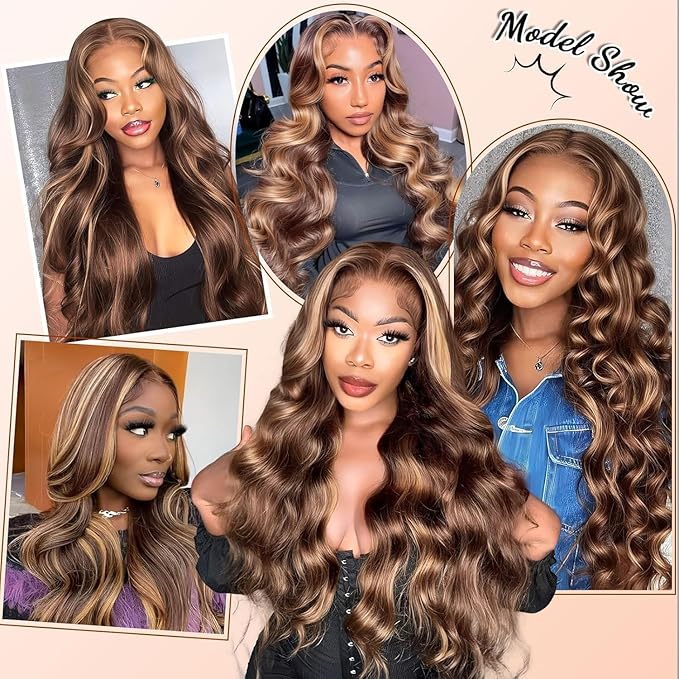 AMIRTY 250 Density 34 Inch Highlight Ombre 360 Lace Front Wig Human Hair Honey Blonde Body Wave HD Lace Front Wigs Human Hair Pre Plucked Brown 4/27 Colored Lace Frontal Glueless Wigs for Women