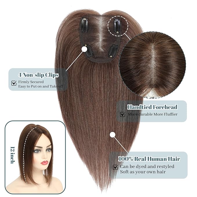 Human Hair Toppers for Women Real HairTopper with Thinning Hair 120% Density Round Shaped Swiss Base Hair Pieces 40g-Medium Brown（12inch,4#）