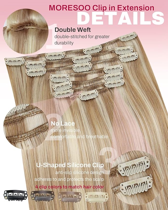 Moresoo Blonde Highlight Clip in Hair Extensions Light Brown with Highlights for Women Short Human Hair Clip in Extensions Light Brown with Platinum Blonde Double Weft 80g/5pcs 12in