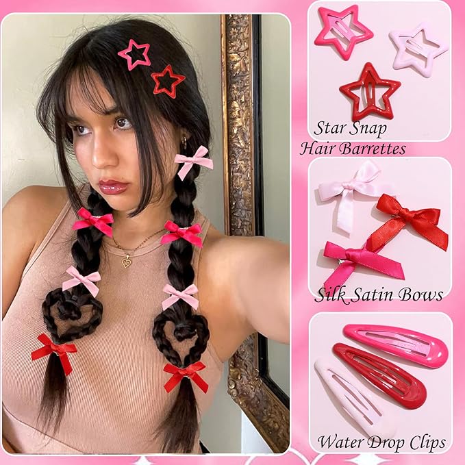 36Pcs Hot Pink Mini Bow Hair Clips Red Star Snap Hair Barrettes Water Drop No Slip Hair Clips for Women 3 Color Small Hair Bows Star Bowknot Hair Accessories for Girls