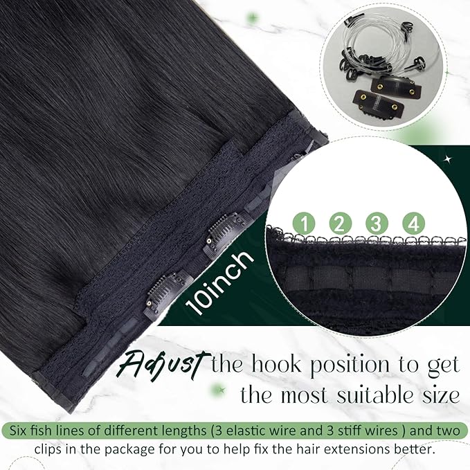 RUNATURE Invisible Wire Hair Extensions Real Human Hair Jet Black, 20 Inch One Piece 100g, Fish Line Hair Extensions Straight Soft Hair, Natural Looking #1 Jet Black