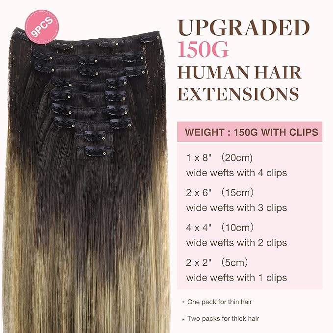 GOO GOO Clip in Hair Extensions Real Human Hair, Remy Human Hair Extensions Clip ins for Women, Natural Human Hair, 18inch 150g 9Pcs, 2/6/18 Balayage Brown to Dirty Blonde