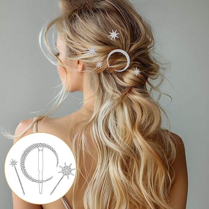 6 PCS Moon Star Hair Clips, Silver Hair Accessories, Vintage Hairs Clips, Silver HairPins, Star Hairs Clip Set for Women