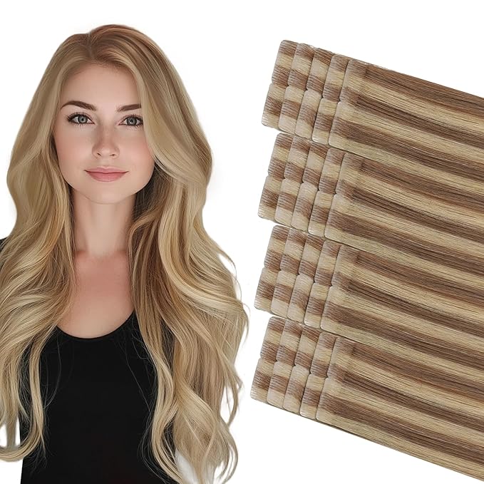 COOKAYU Invisible Tape in Hair Extensions, Gold Brown to Caramel Blonde 16Inch 35g 20pcs/pack Seamless Tape in Extensions Human Hair Injected Invisi Edge Extensions