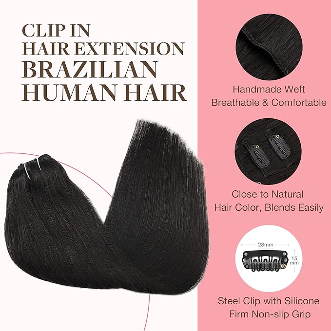 GOO GOO Clip in Hair Extensions Real Human Hair, Remy Human Hair Extensions Clip ins for Women, Natural Human Hair, 26inch 135g 7Pcs, 1B Natural black