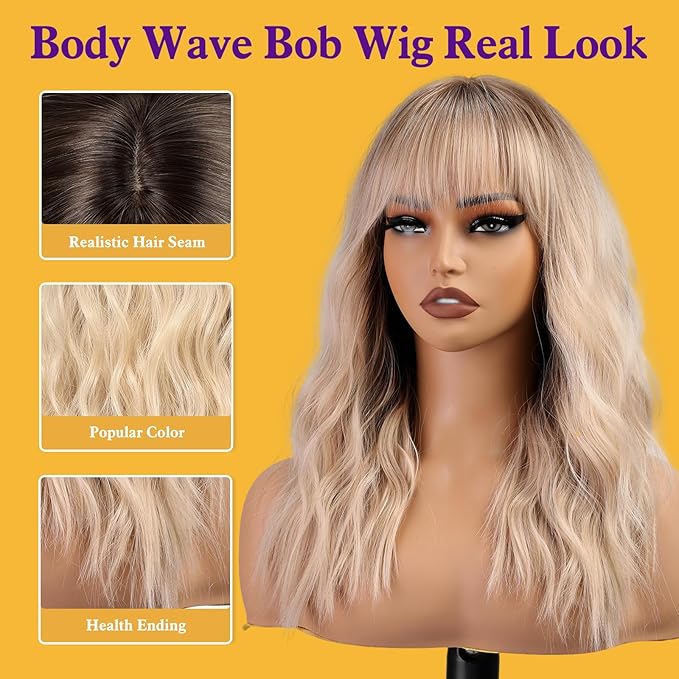 Blonde Wig with Bangs,Dirty Blonde Wavy Wigs for Women,Shoulder Length Curly Synthetic Hair Wig for Party Daily Use 18IN…