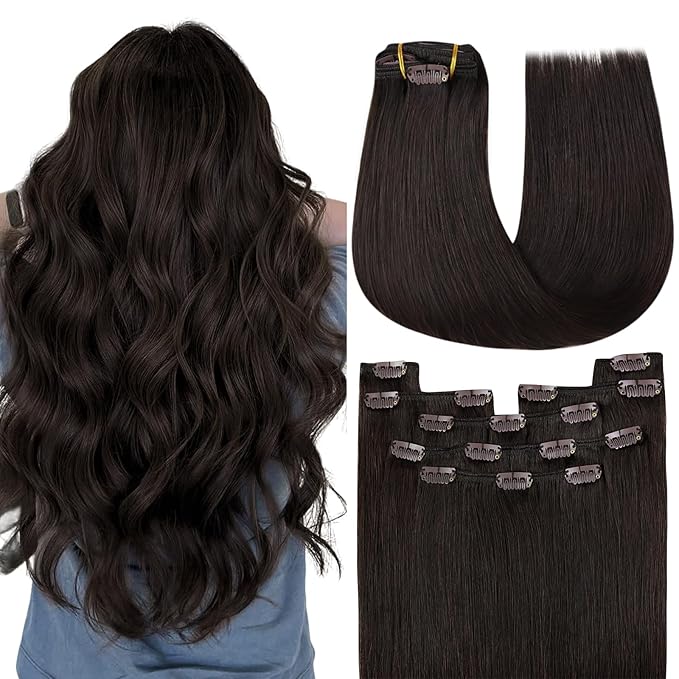 YoungSee Brown Clip in Hair Extensions Dark Brown Human Hair Extensions Clip ins Invisible Clip in Extensions Real Human Hair Easy to Install 7Pcs 14In 120G