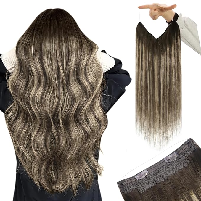 YoungSee 120G Wire Hair Extensions Balayage Brown Fish Line Hair Extensions Real Human Hair Ombre Dark Brown with Ash Blonde Hair Extensions Wire for Women 16Inch