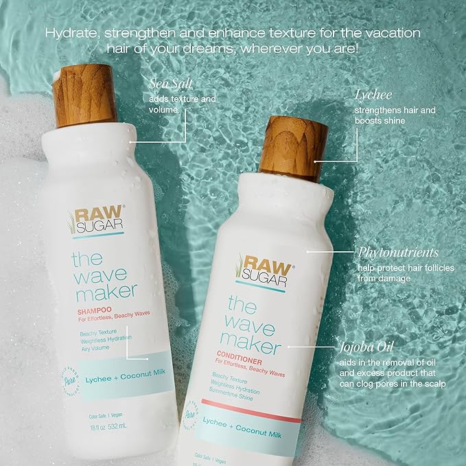 Raw Sugar Shampoo and Conditioner Set, The Wave Maker Hair Care Duo, 18 Fl Oz Each, Enhances Texture, Volume & Shine for Soft, Natural Wavy Curls, No Sulfates & Parabens, Color Safe, Vegan