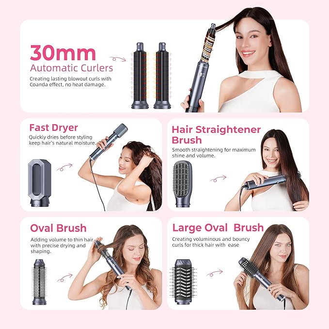 6 in 1 Hair Dryer Brush, Detachable Air Styler, 3 Heat Settings Blow Dryer Brush Frizz-Free Volumizing, Straightening, Curling ALCI Safety Plug for Travel & Home Styling (Blue-Pink)