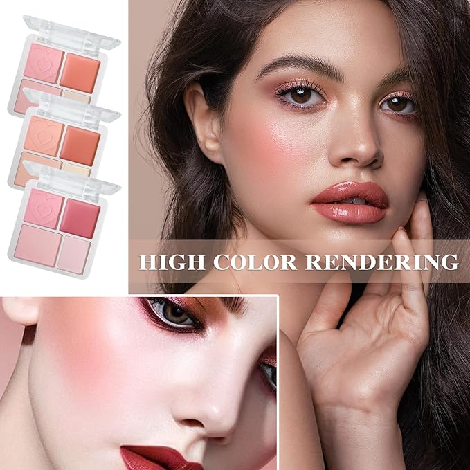 3Pcs 4 Colors Blush Palette,Matte Contour Makeup Blush for Cheeks,Waterproofing Highly Pigmented Face Cheek Blusher with Make Up Brush A11