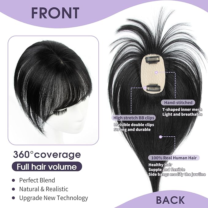 14 Inch Hair Topper For Women Real Human Hair Invisible Hairpiece for Thinning Hair, Jet Black Real Human Hairpiece for Women