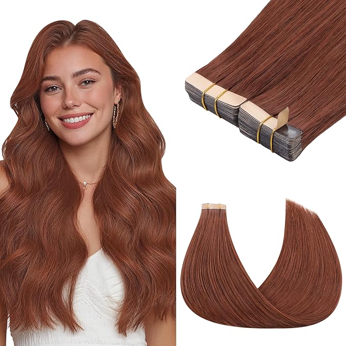 GOO GOO Tape in Hair Extensions Human Hair, #33B Dark Auburn Copper, 14inch 100g 40pcs, Skin Weft Seamless Invisible, Silky Straight with Thick Ends, Remy Human Hair