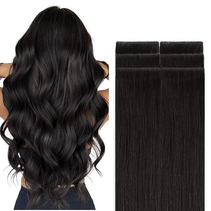 GOO GOO Invisi Edge Tape in Hair Extensions Human Hair, 1B Natural black, 6pcs 22inch 18g, Virgin Remy Hair, Seamless Injected Tape, Natural Look