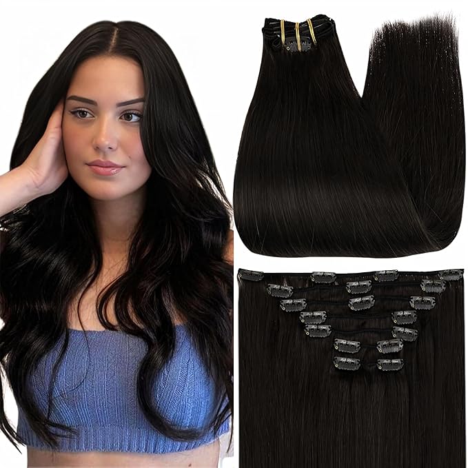 Full Shine Black Hair Extensions Real Human Hair Clip ins Black Straight Clip in Human Hair Extensions Invisible Remy Hair Clip ins for Women 20 Inch 7 Pcs 120 G