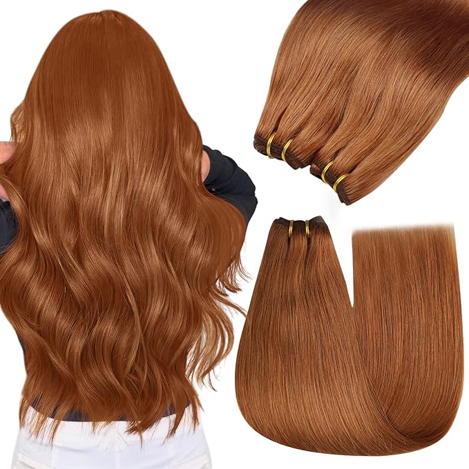 YoungSee Sew in Hair Extensions Real Human Hair Copper Human Hair Weft Extensions Light Copper Sew in Bundles Human Hair for Women 20Inch 100g